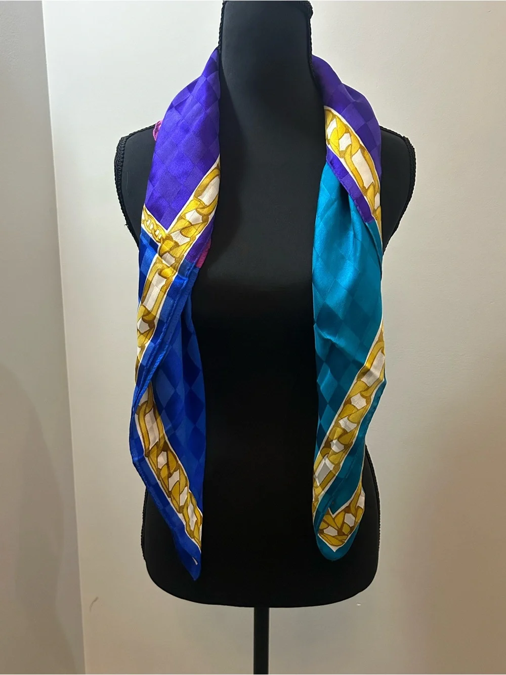 Collection XIIX Chain Print Square Scarf Blue Purple Checker Silk Feel